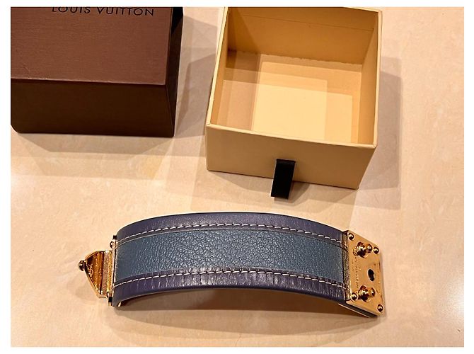 Bracciale rigido Louis Vuitton in pelle blu e metallo dorato - vista 11
