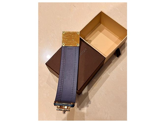 Bracciale rigido Louis Vuitton in pelle blu e metallo dorato - vista 12