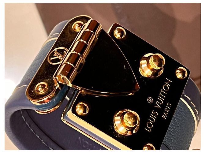 Bracciale rigido Louis Vuitton in pelle blu e metallo dorato - vista 13