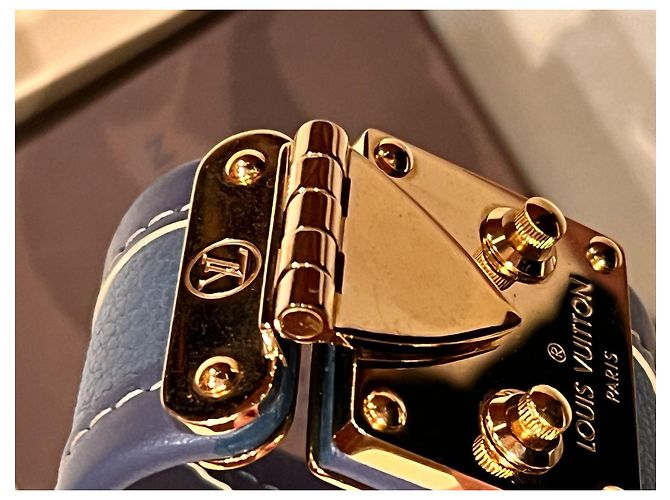 Bracciale rigido Louis Vuitton in pelle blu e metallo dorato - vista 14