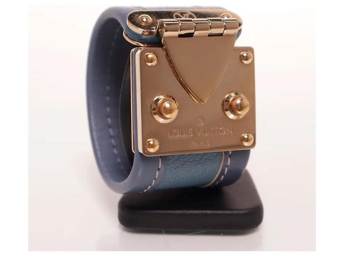 Bracciale rigido Louis Vuitton in pelle blu e metallo dorato - vista 2