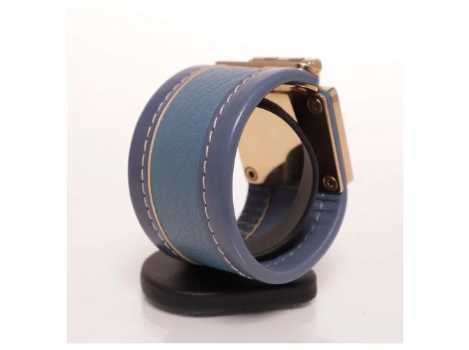 Bracciale rigido Louis Vuitton in pelle blu e metallo dorato - vista 3