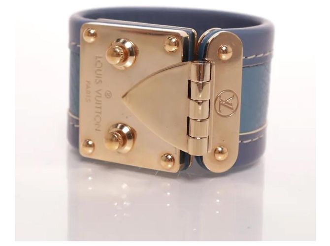 Bracciale rigido Louis Vuitton in pelle blu e metallo dorato - vista 5