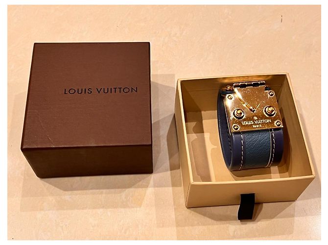 Bracciale rigido Louis Vuitton in pelle blu e metallo dorato - vista 9