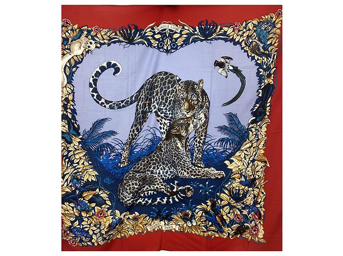 Foulard vintage Hermès "Jungle Love" Rosso Beige Stampa leopardo Blu navy Lavanda - vista 2