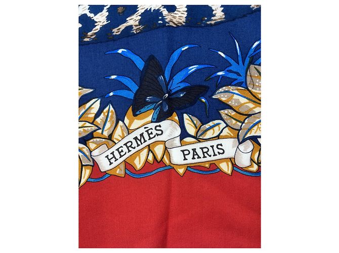Foulard vintage Hermès "Jungle Love" Rosso Beige Stampa leopardo Blu navy Lavanda - vista 4