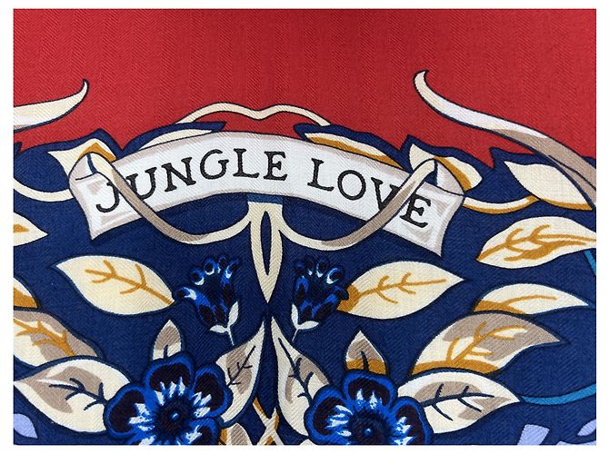 Foulard vintage Hermès "Jungle Love" Rosso Beige Stampa leopardo Blu navy Lavanda - vista 6