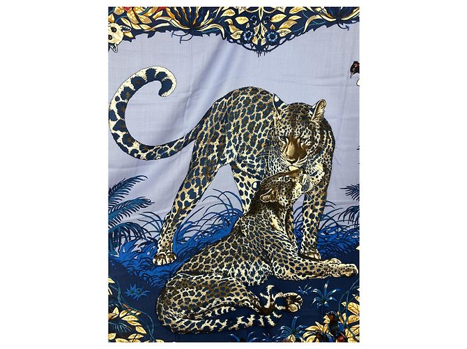 Foulard vintage Hermès "Jungle Love" Rosso Beige Stampa leopardo Blu navy Lavanda - vista 7