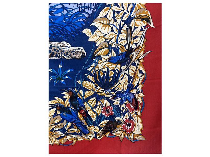 Foulard vintage Hermès "Jungle Love" Rosso Beige Stampa leopardo Blu navy Lavanda - vista 8