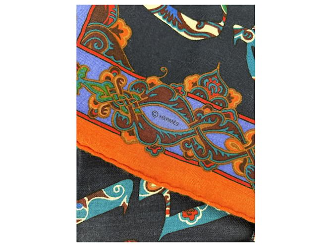 Bufanda Hermès "Cartas de Ereván" Multicolor Naranja Azul marino - vista 6