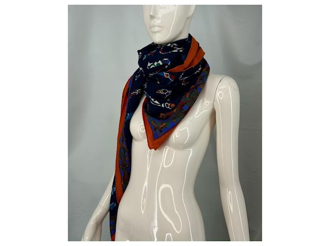 Bufanda Hermès "Cartas de Ereván" Multicolor Naranja Azul marino - vista 7