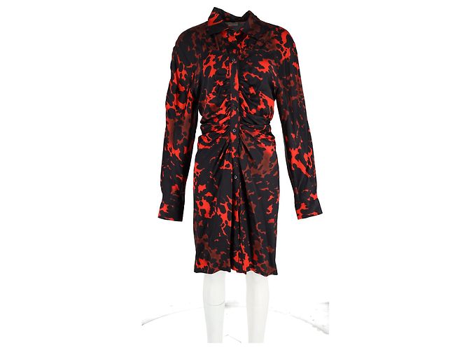 Abito camicia stampato Dries Van Noten in satin nero e rosso - vista 4