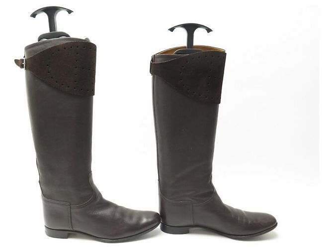 Hermès BOTAS CAVALERAS HERMES EVELYNE 36 CUERO Y SEDA MARRÓN Castaño - vista 3