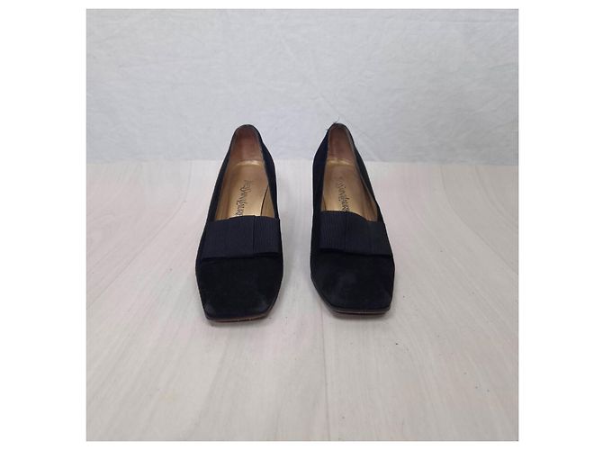 Yves Saint Laurent Chaussures en daim noir avec talon YSL - vue 6