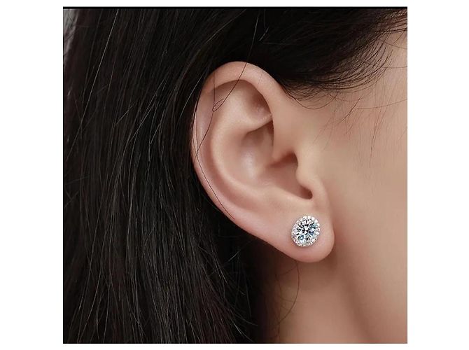 Autre Marque Orecchini a bottone diamanti moissanite in argento sterling rodiato - vista 4