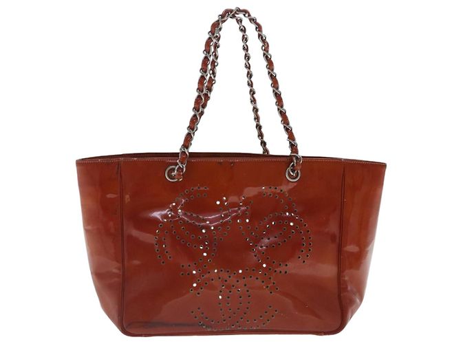 CHANEL Triple Coco Ketten Tote Tasche Lackleder Orange Silber CC Auth bs18659 - Ansicht 13