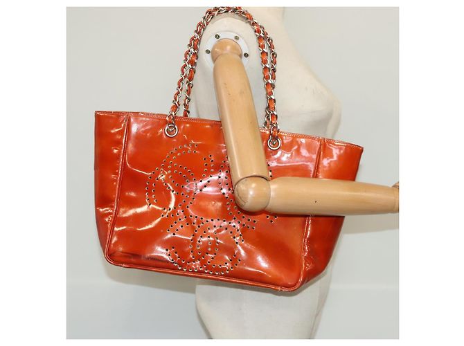 CHANEL Triple Coco Ketten Tote Tasche Lackleder Orange Silber CC Auth bs18659 - Ansicht 19