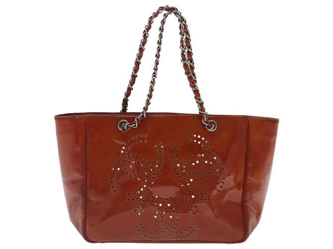CHANEL Triple Coco Ketten Tote Tasche Lackleder Orange Silber CC Auth bs18659 - Ansicht 2