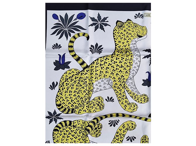 Hermès Foulard 90 I Leopardi in seta bianco e giallo - vista 5