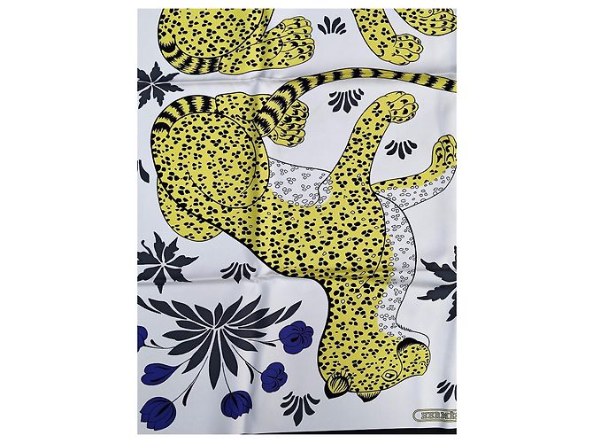 Hermès Foulard 90 I Leopardi in seta bianco e giallo - vista 6