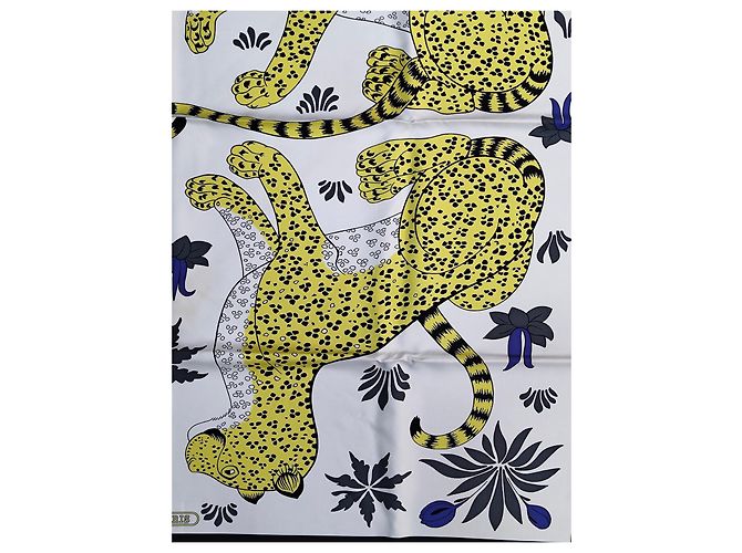 Hermès Foulard 90 I Leopardi in seta bianco e giallo - vista 7