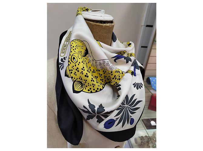 Hermès Foulard 90 I Leopardi in seta bianco e giallo - vista 8