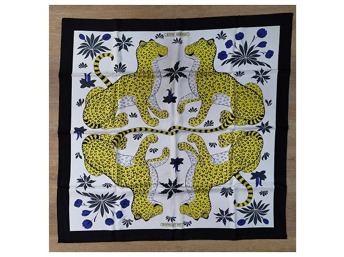 Hermès Foulard 90 I Leopardi in seta bianco e giallo - vista 9
