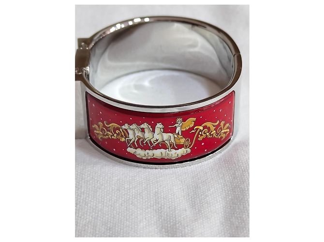 Hermès Loquet Uhr Edelstahl und Emaille rot Silber - Ansicht 11