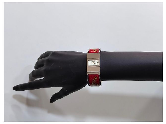 Hermès Loquet Uhr Edelstahl und Emaille rot Silber - Ansicht 13