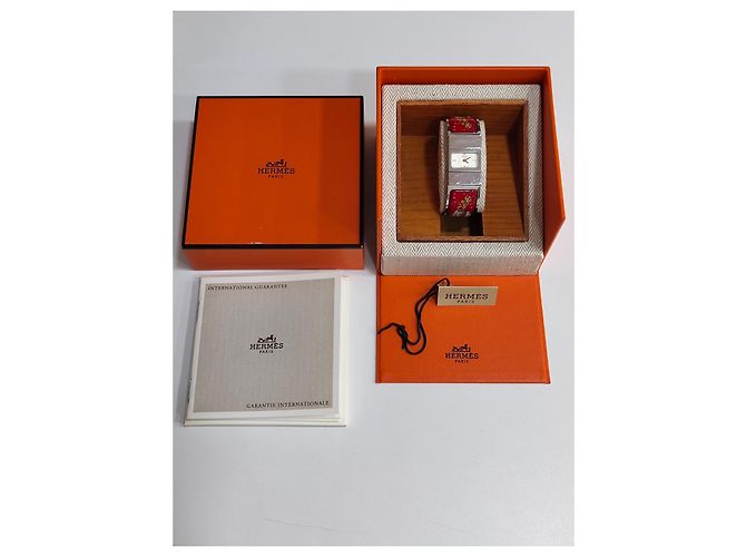 Hermès Loquet Uhr Edelstahl und Emaille rot Silber - Ansicht 14