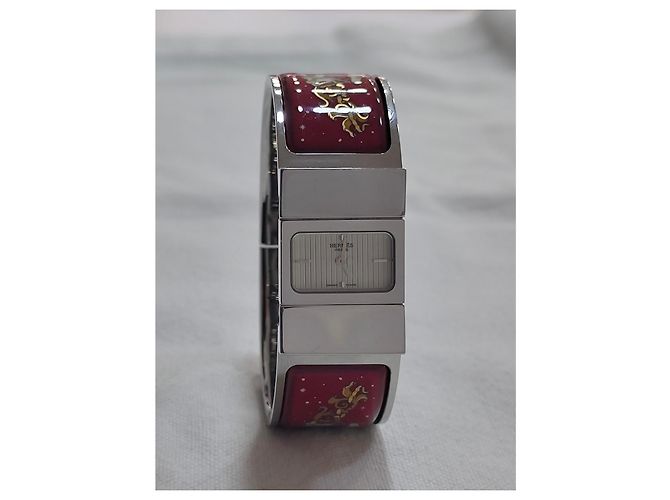 Hermès Loquet Uhr Edelstahl und Emaille rot Silber - Ansicht 2
