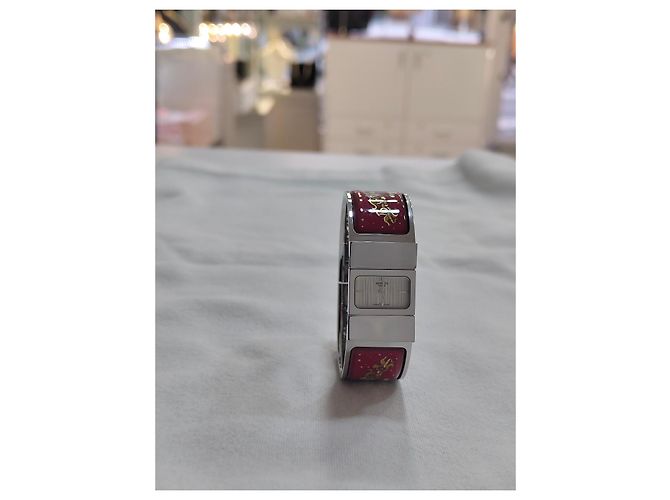 Hermès Loquet Uhr Edelstahl und Emaille rot Silber - Ansicht 3