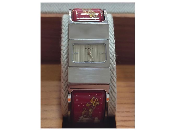 Hermès Loquet Uhr Edelstahl und Emaille rot Silber - Ansicht 4