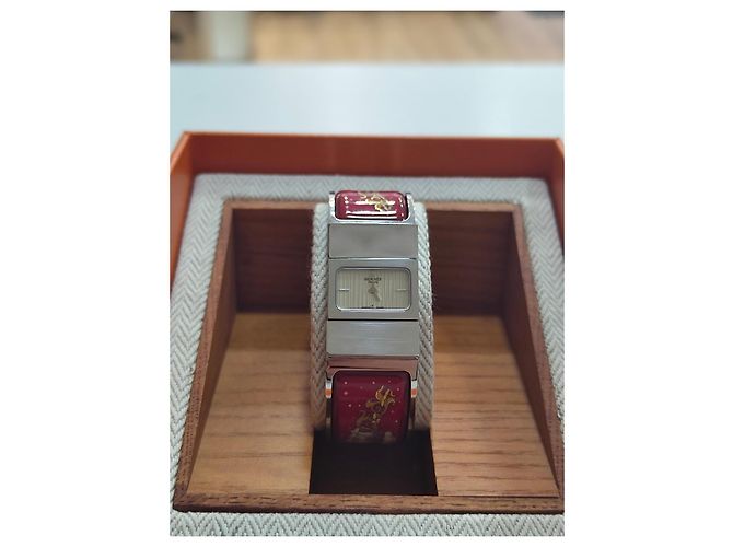 Hermès Loquet Uhr Edelstahl und Emaille rot Silber - Ansicht 5