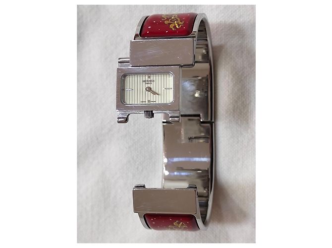 Hermès Loquet Uhr Edelstahl und Emaille rot Silber - Ansicht 7