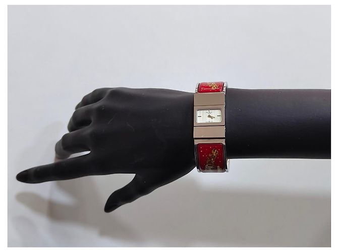 Hermès Loquet Uhr Edelstahl und Emaille rot Silber - Ansicht 9