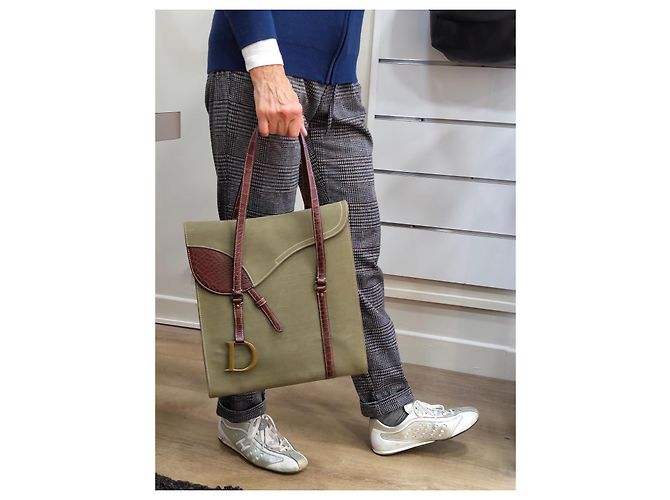 Christian Dior Saddle Bag Rechteckig Khaki Leder und Stoff - Ansicht 2
