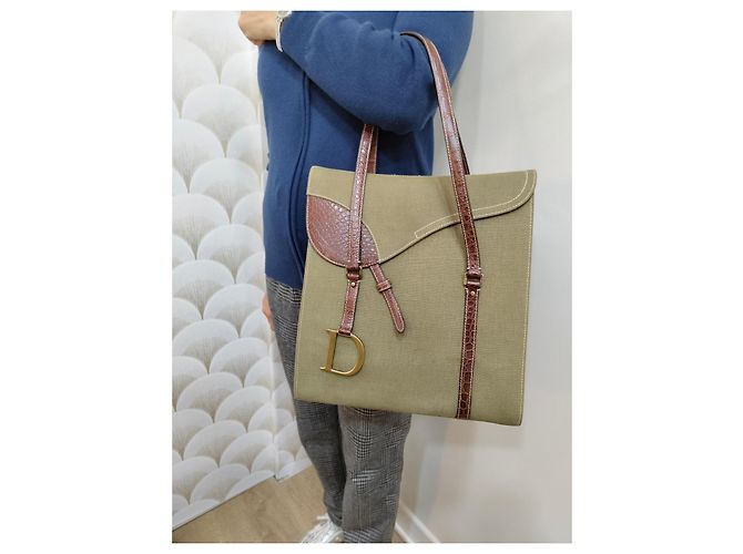 Christian Dior Saddle Bag Rechteckig Khaki Leder und Stoff - Ansicht 3