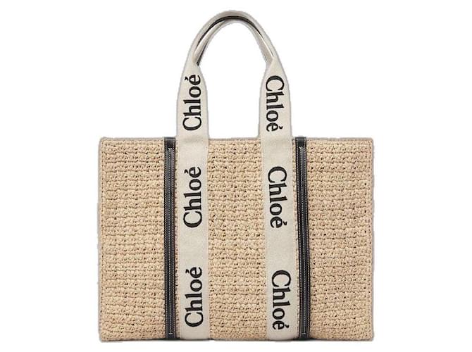 Borsa Chloé Woody XL in rafia beige - vista 2