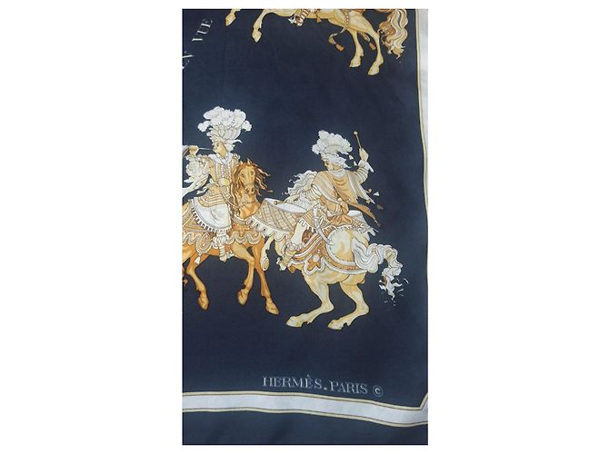 Foulard Hermès Carrousel in seta blu e giallo - vista 3