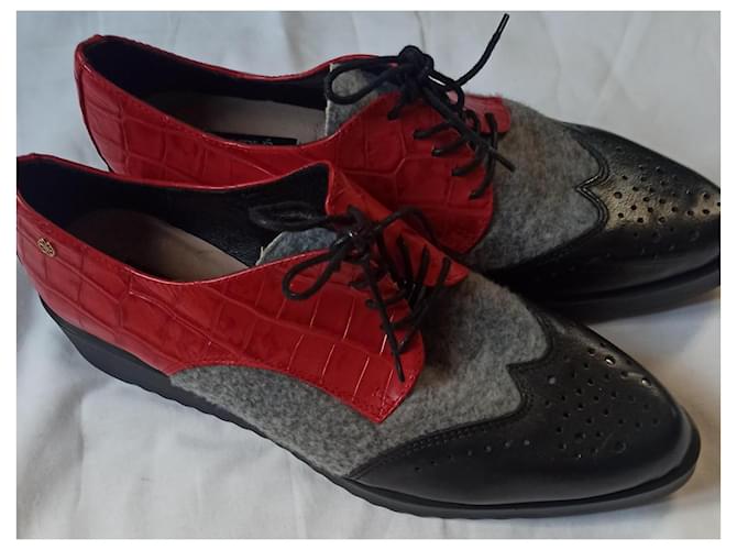 Autre Marque Derby Couplet in pelle nera e rossa Nero Rosso - vista 4
