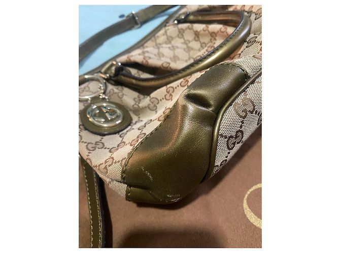 Borsa a mano Gucci Sukey in tela monogramma e pelle verde oliva - vista 6
