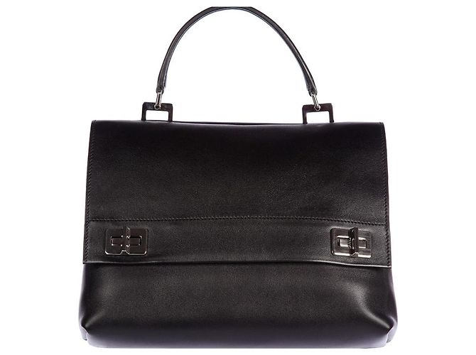 Double Bolsa Satchel Prada de Couro Preta com Aba Dupla Preto - vista 2