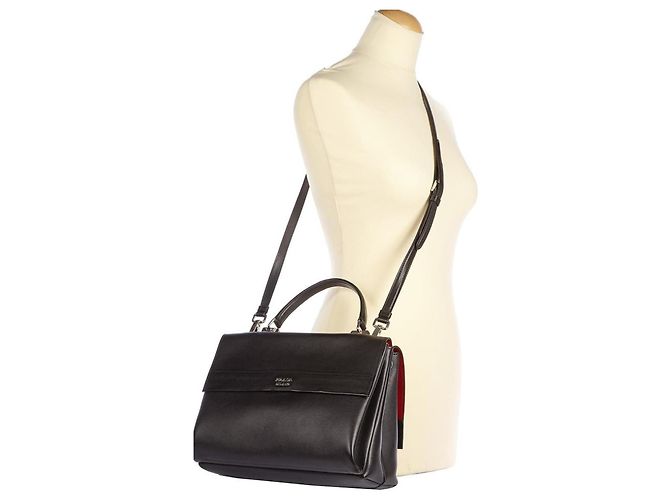 Double Bolsa Satchel Prada de Couro Preta com Aba Dupla Preto - vista 4