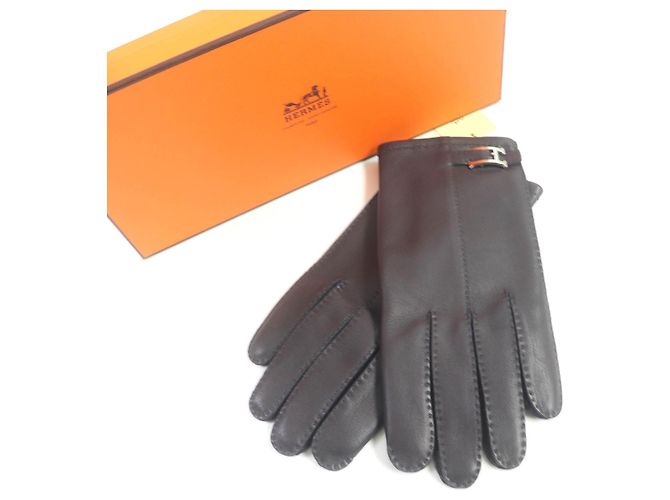 Hermès HERMES Lamb Leather Silk Gloves Dark Brown - view 2