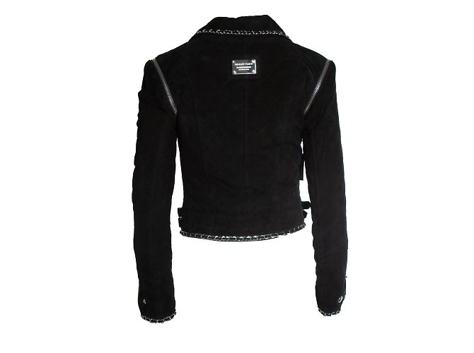 Philipp Plein Wildleder-Bikerjacke mit Kette Schwarz Silber - Ansicht 3