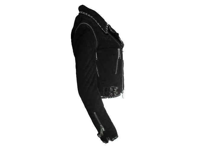 Philipp Plein Wildleder-Bikerjacke mit Kette Schwarz Silber - Ansicht 4