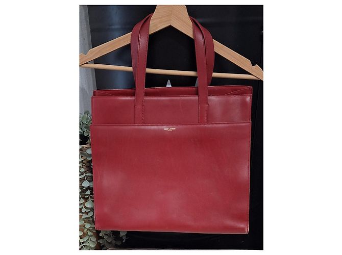 Shopping Monogramme Yves Saint Laurent Leather Tote Bag Dark Red - view 13