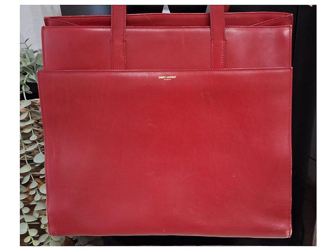 Shopping Monogramme Yves Saint Laurent Leather Tote Bag Dark Red - view 14