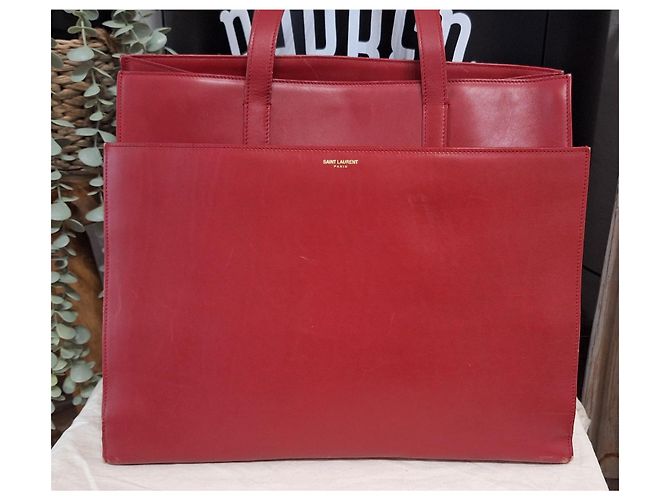 Shopping Monogramme Yves Saint Laurent Leather Tote Bag Dark Red - view 2